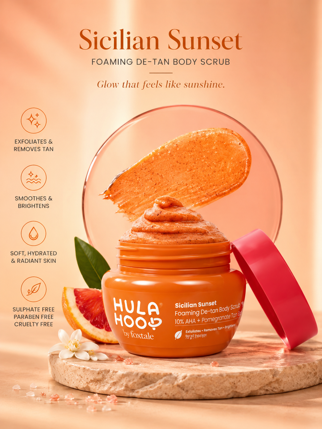 Hula hoop by foxtale sicilian sunset foaming detan body scrub 75g
