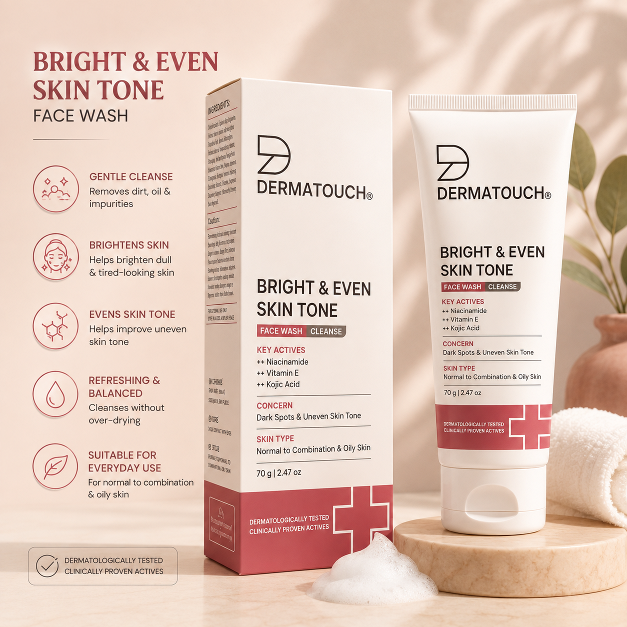 DERMATOUCH BRIGHT & EVEN SKIN TONE FACE WASH 70GM