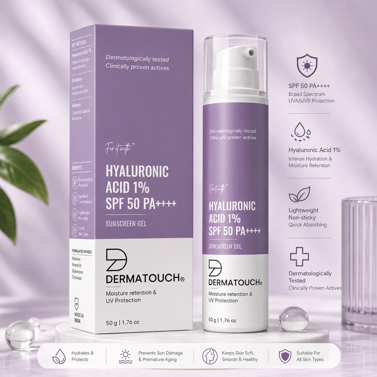 DERMATOUCH HYALURONIC ACID 1% SPF 50 PA ++++ SUNSCREEN GEL 50GM