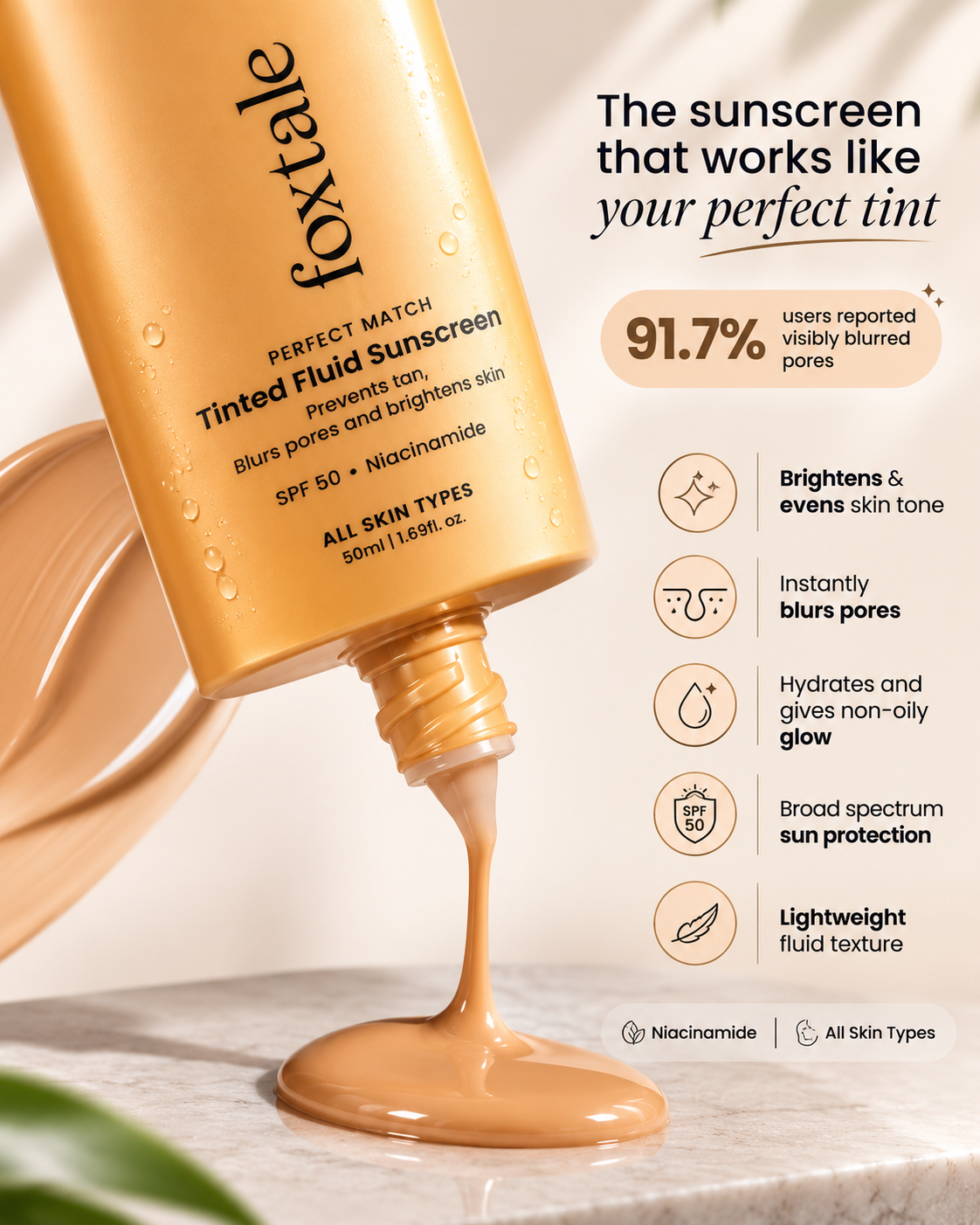 Foxtale perfect match tinted fluid sunscreen (sand) - 50ml