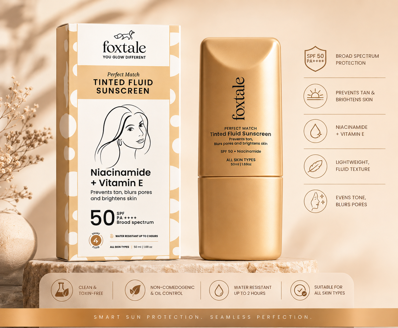Foxtale perfect match tinted fluid sunscreen (clay) 50ml