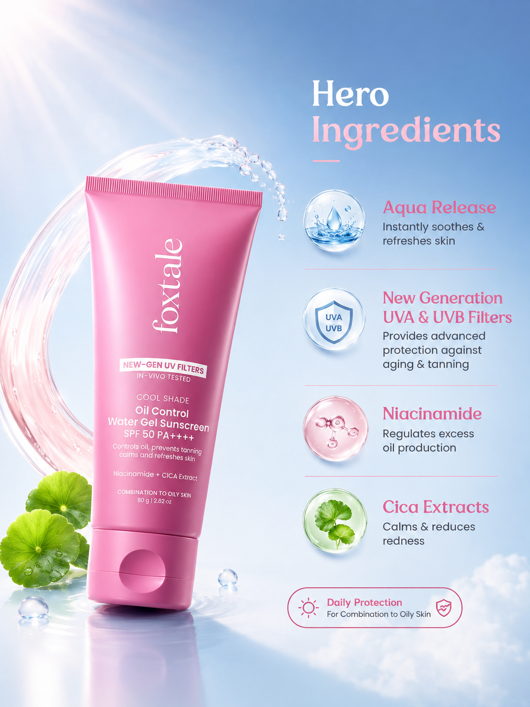 Foxtale cool shade oil control water gel sunscreen 80gm