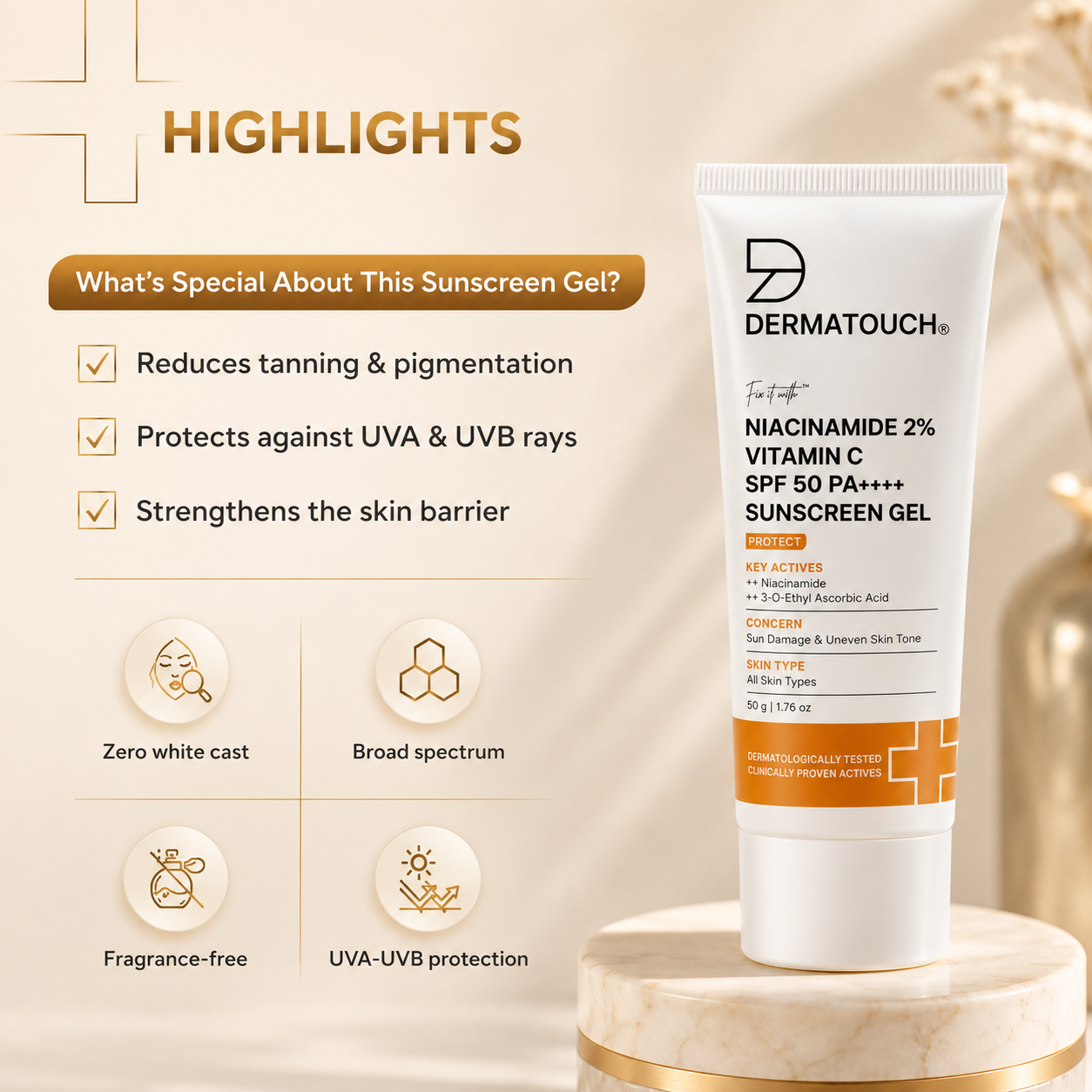 DERMATOUCH NIACINAMIDE 2% VITAMIN-C SPF 50 PA++++ SUNSCREEN GEL 50GM