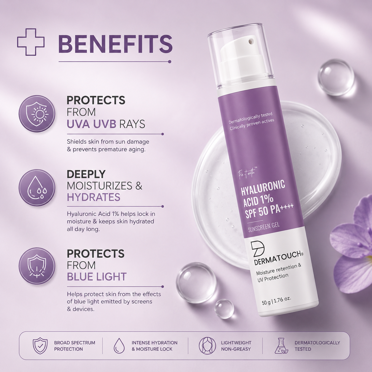 DERMATOUCH HYALURONIC ACID 1% SPF 50 PA ++++ SUNSCREEN GEL 50GM